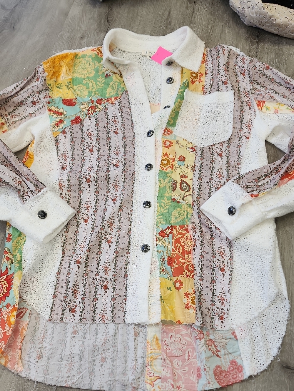 POL Patchwork Eyelet Button-Up Blouse in White, Yellow, Green, Red
